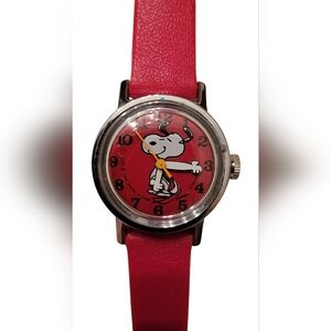 Vintage 1958 Snoopy Red Child's Watch Mechanic Wind Up WORKS Plastic Straps